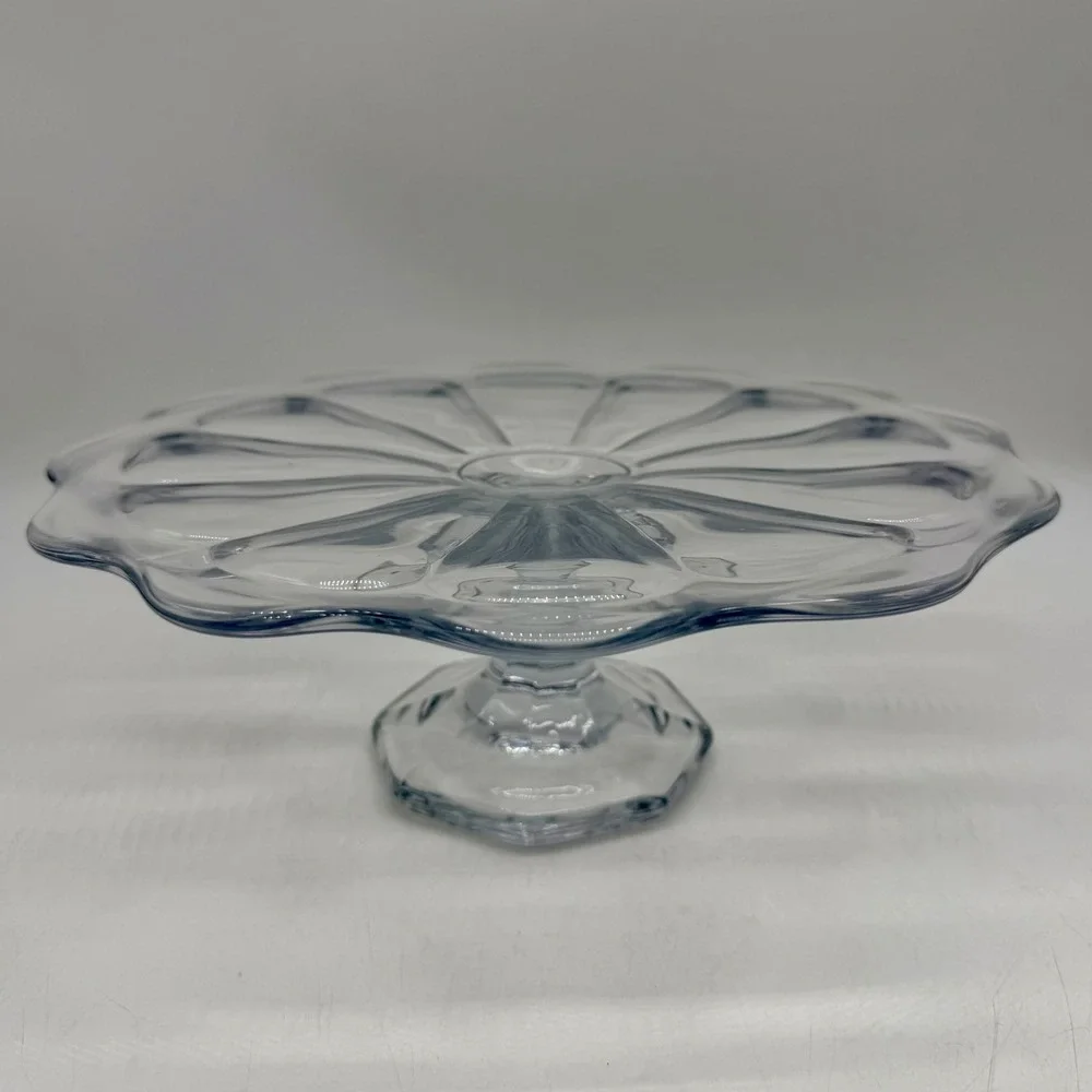 Vintage Clear Glass Cake Stand Scalloped Edge Pedestal Dessert Plate Excellent